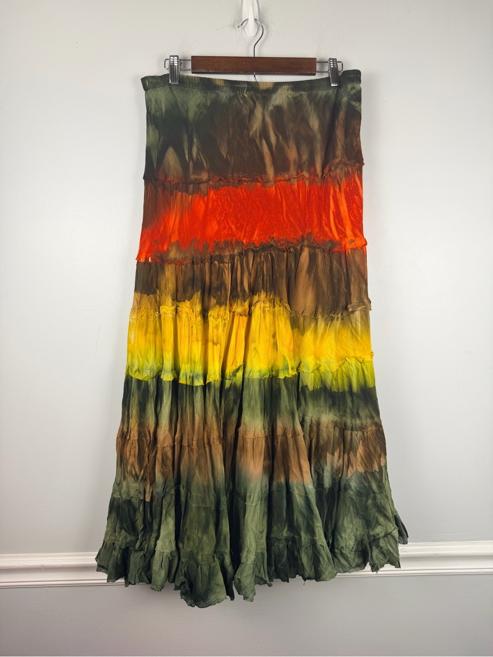 ETC. Tie-Dye Cotton maxi Skirt with stripes of orange, yellow, green size Medium